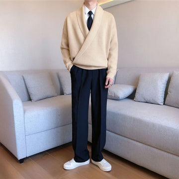 Wiaofellas Men's Autumn/winter Style Solid Color Large V-neck Lapel Personality Sweater Temperament Commuter Loose Casual Sweater Coat